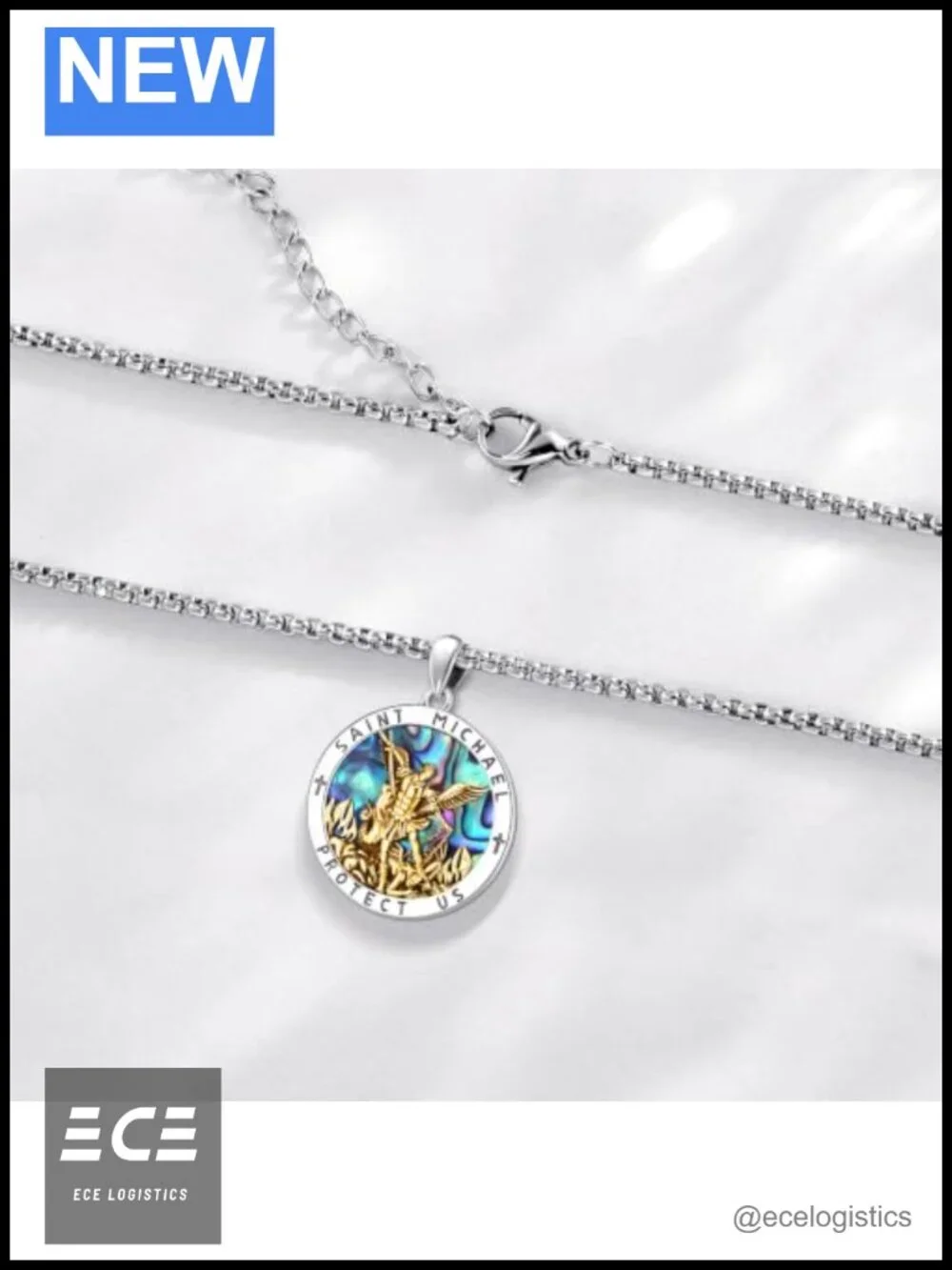Sterling Silver St Michael Pendant Necklace Gold Plated Abalone